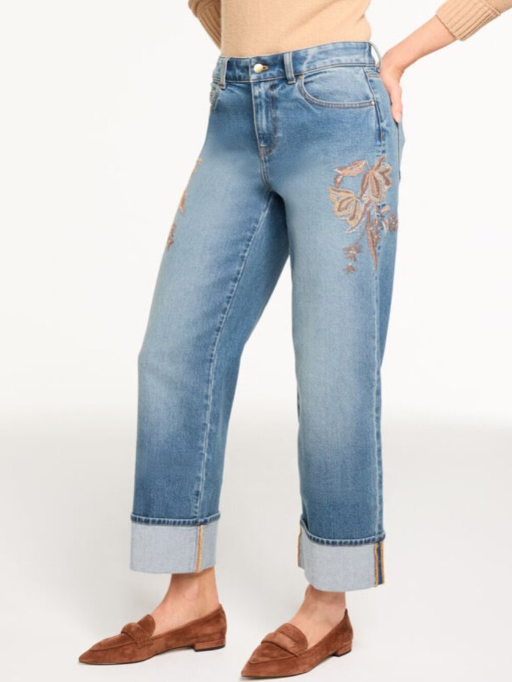Straight Ankle Cuff Embroidered Jeans - Autumn Wash Size 16